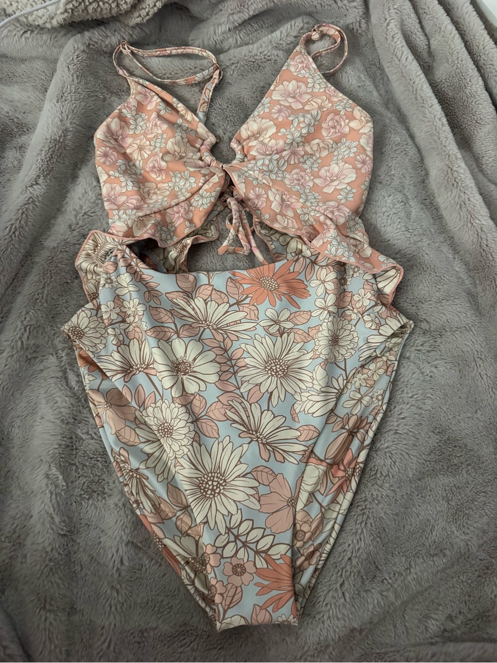 Altar'd State Floral One-Piece Swimsuit in Peach and Light Blue